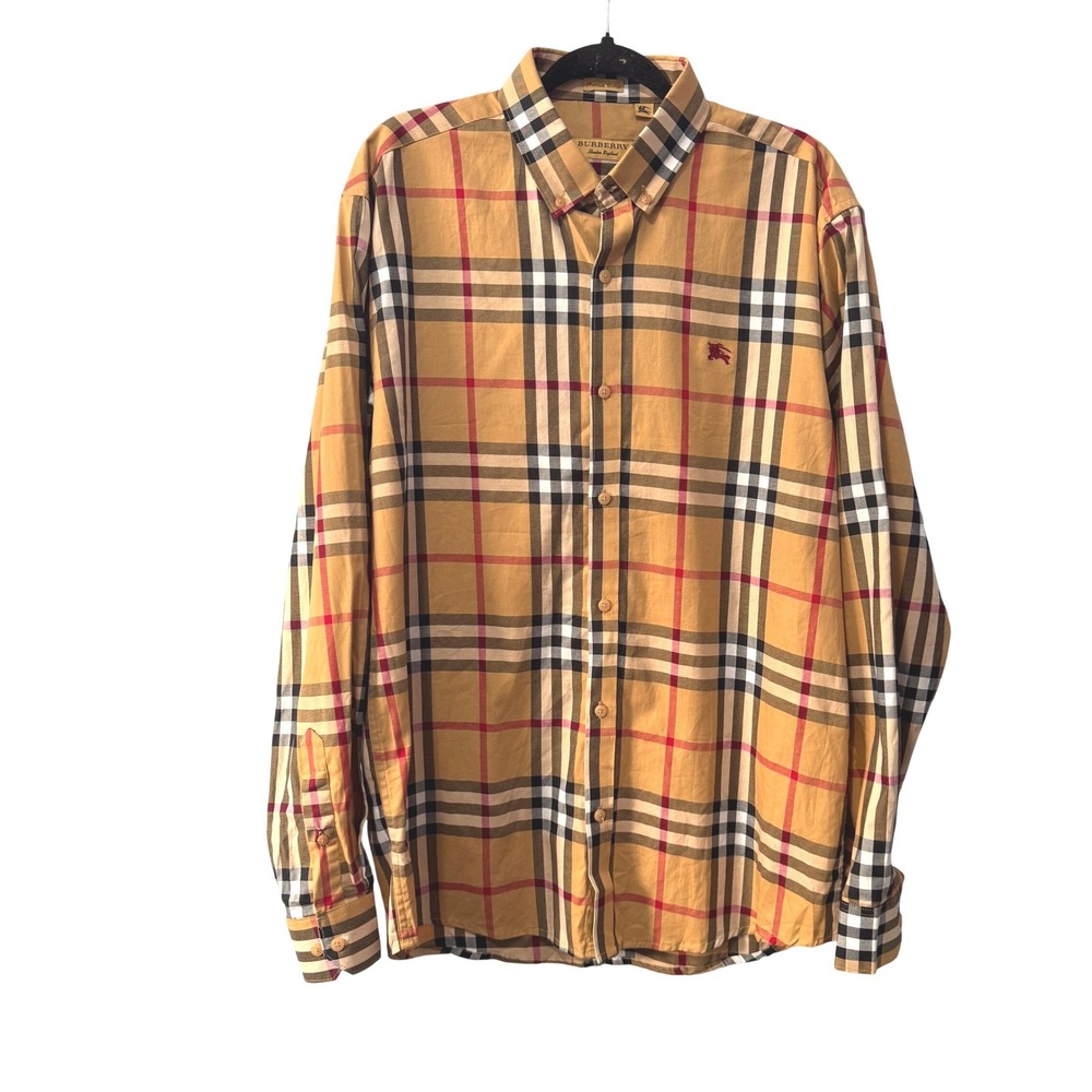 Burberry London England Mens Nova Check Premium Cotton Button Down Shirt Tan